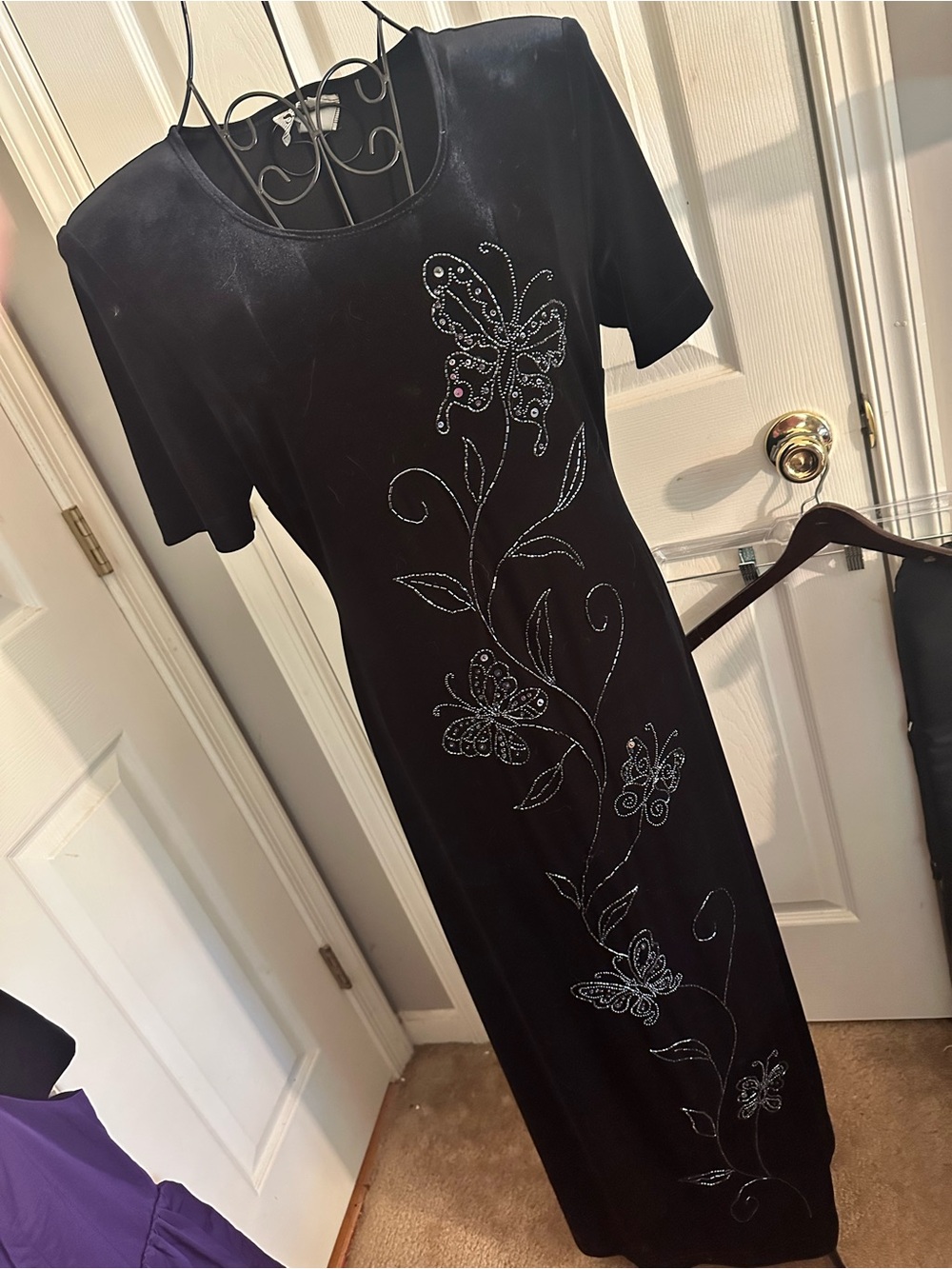 Vintage Black Velvet Long Dress With Beaded Butterflies! Size 8